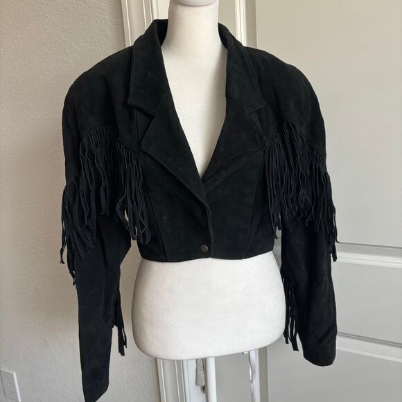 VTG Outerwear by Phoenix 80s Black Suede Fringe Leather Cropped Jacket Western M - Picture 2 of 15